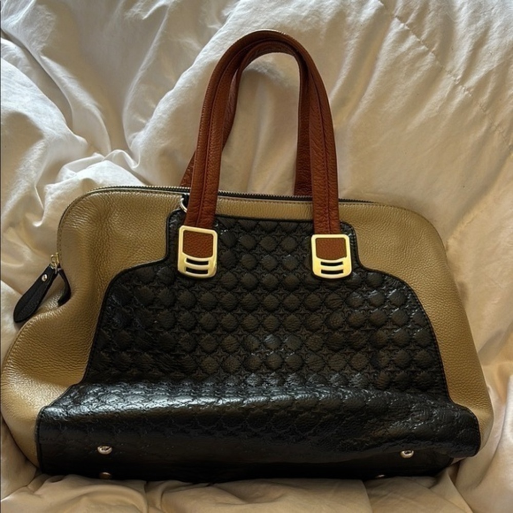 ZOOLER Leather Tri Color Block Handbag Satchel Emboxxed Brown Beige purse